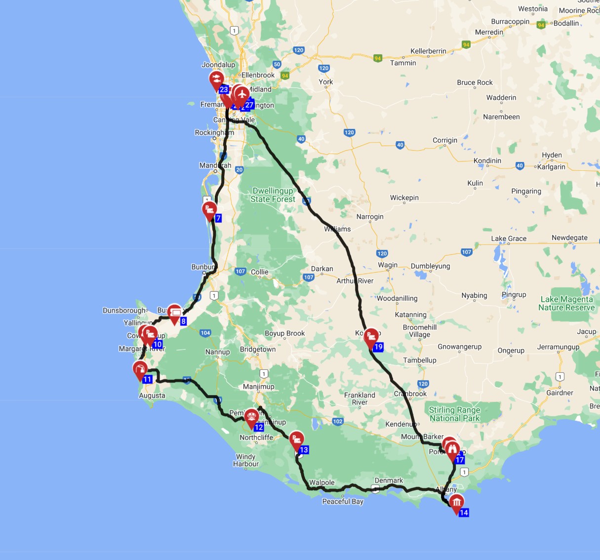 Route planner for campervan trip in Australia Perth motorhome trip